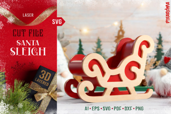 Santa Sleigh 3D Laser Cut File for Winter Christmas